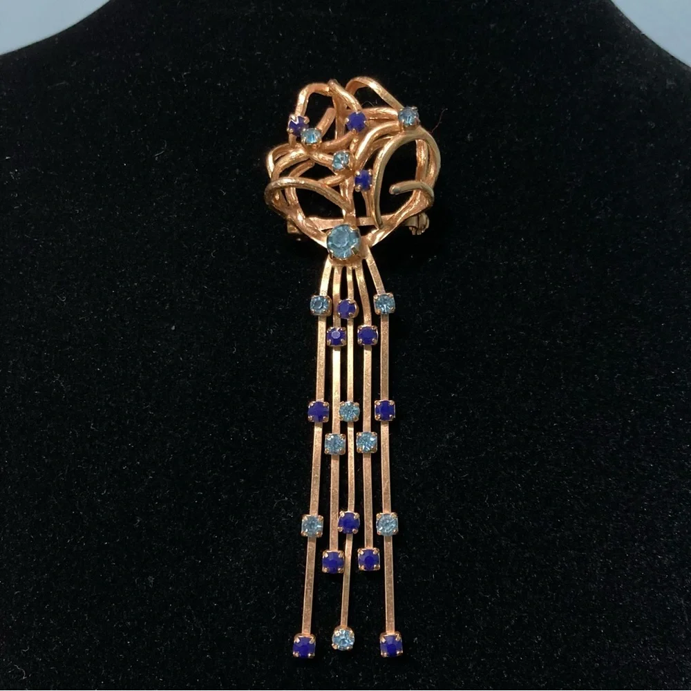 Vintage Made in Austria Blue Rhinestone Gold-tone Swirl Dangle Fringe Design 4